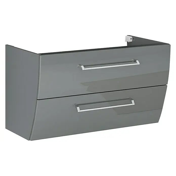 Camargue Orion Waschtischunterschrank - 90,5 x 51 x 52,5 cm, Anthrazit - Grauer, glänzender Badezimmer-Waschtischunterschrank mit zwei Schubladen und silbernen Griffen für ein modernes Bad-Design.