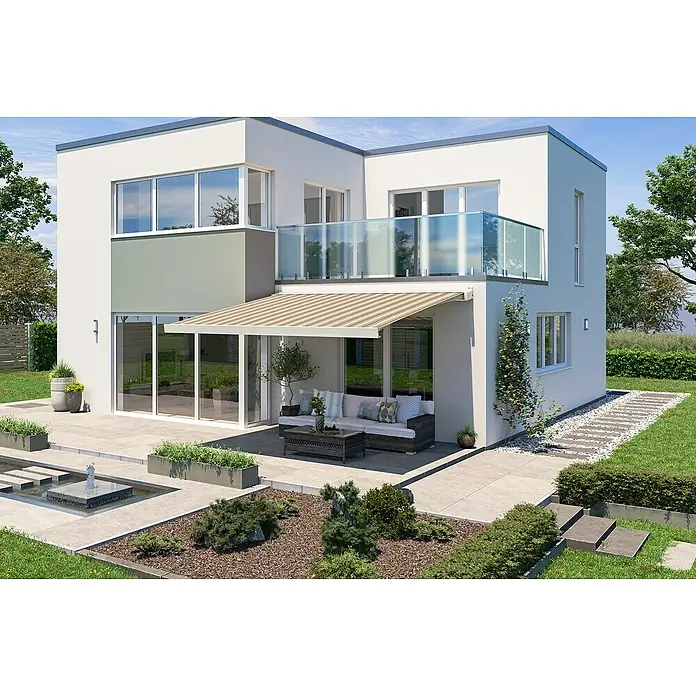 Solid Elements Vollkassettenmarkise Solid-X-Compact 320715 - Beige/Braun, Farbe Gestell: Reinweiß, Breite: 3 m, Ausfall: 2,5 m - Eine moderne Hausfassade mit einer stilvollen Markise, die Schatten spendet. Das Äußere besticht durch klare Linien und einladende Terrassengestaltung.