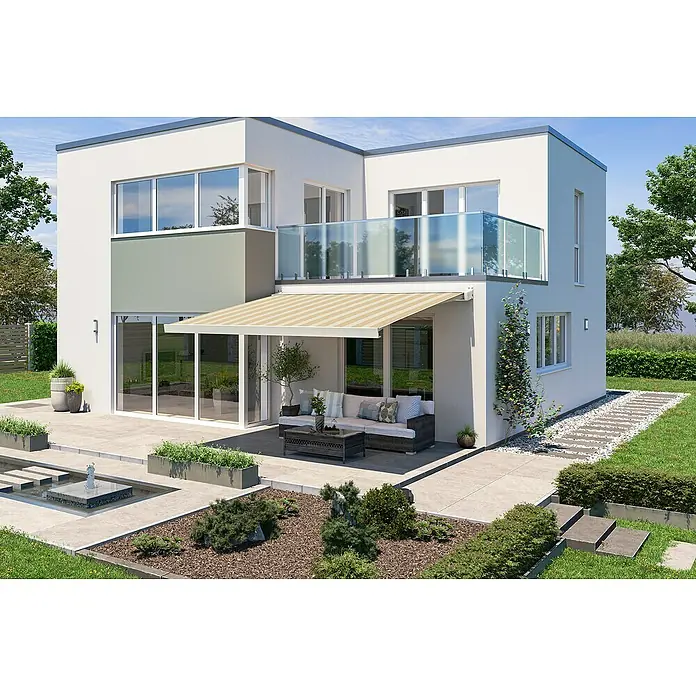 Solid Elements Vollkassettenmarkise Solid-X-Compact S-2238 - Hellbeige/Beige, Farbe Gestell: Reinweiß, Breite: 2 m, Ausfall: 1,5 m - Die moderne Hausfassade wird durch eine stilvolle Markise mit beigen Streifen ergänzt, die Schatten spendet.