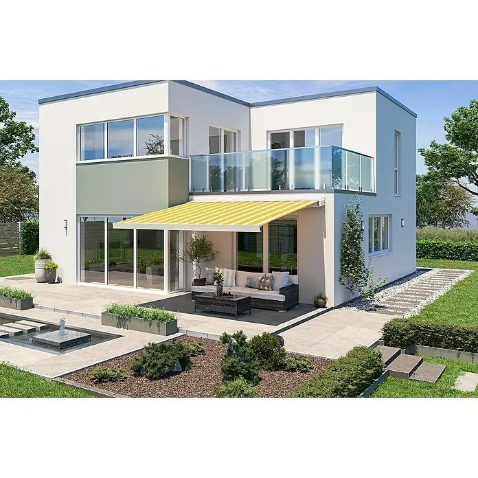 Solid Elements Vollkassettenmarkise Solid-X-Compact 30A774 - Gelb/Grau, Farbe Gestell: Reinweiß, Breite: 3,5 m, Ausfall: 1,5 m - Moderne Hausansicht mit gelb-weiß gestreifter Markise über der Terrasse, die für Schatten und Stil sorgt.