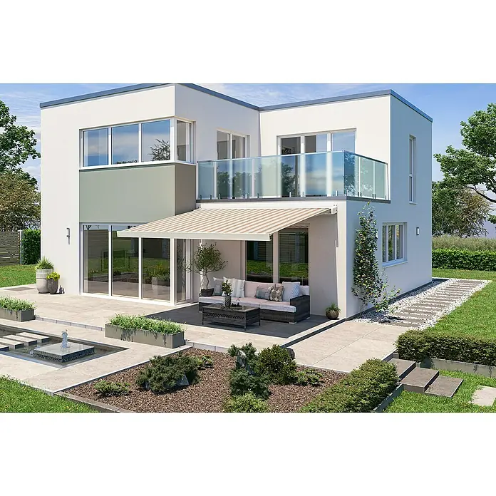 Solid Elements Vollkassettenmarkise Solid-X-Compact 6171 - Braun/Beige, Farbe Gestell: Reinweiß, Breite: 4 m, Ausfall: 3 m - Ein modernes Haus mit einer gestreiften Markise über der Terrasse und einem gepflegten Garten. Die Markise bietet Schatten und Schutz vor Sonne.