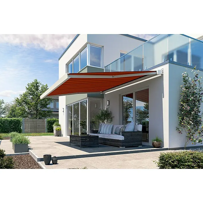 Solid Elements Vollkassettenmarkise Solid-X-Compact D035 - Rot/Bordeaux, Farbe Gestell: Reinweiß, Breite: 2 m, Ausfall: 1,5 m - Moderne Terrasse mit stilvoller Markise.