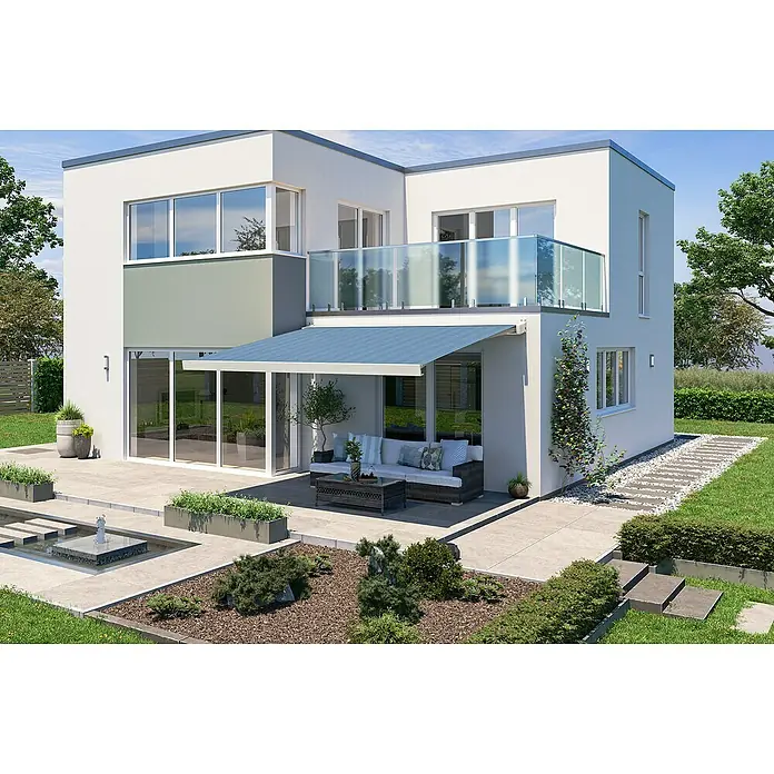 Solid Elements Vollkassettenmarkise Solid-X-Compact 320916 - Blau/Schwarz, Farbe Gestell: Reinweiß, Breite: 4 m, Ausfall: 1,5 m - Modernes Haus mit einziehbarer Markise über der Terrasse, die Schatten und Komfort bietet. Die Markise ist blau und passt gut zum Haus.