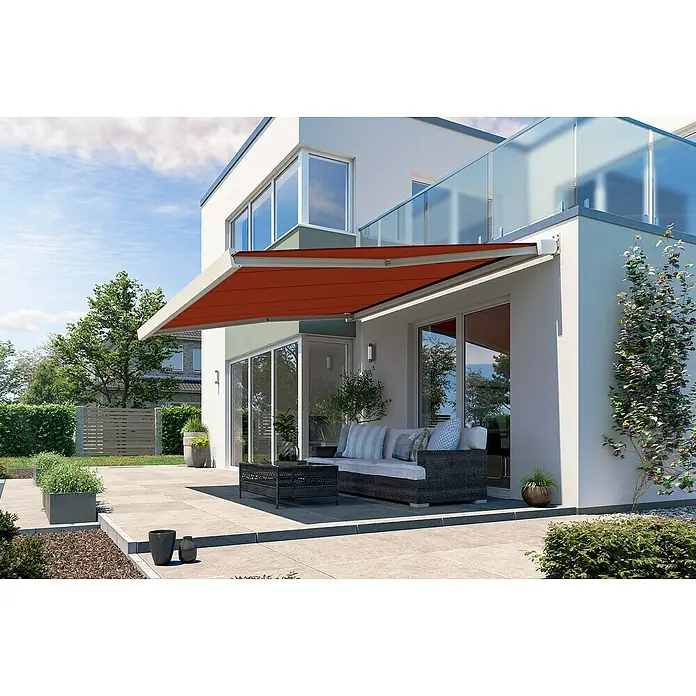 Solid Elements Vollkassettenmarkise Solid-X-Compact S-2209 - Rot, Farbe Gestell: Reinweiß, Breite: 3,5 m, Ausfall: 1,5 m - Elegante Terrassenüberdachung mit rotem Stoff und schützendem Design, perfekt für sonnige Tage im Freien. Stilvolle Ergänzung für jeden Außenbereich.