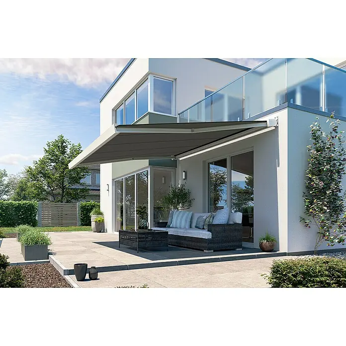 Solid Elements Vollkassettenmarkise Solid-X-Compact 320925 - Dunkelgrau strukturiert, Farbe Gestell: Reinweiß, Breite: 4 m, Ausfall: 3 m - Die stilvolle Markise bietet Schatten auf der Terrasse mit komfortablen Gartenmöbeln und schafft eine entspannende Atmosphäre im Freien.