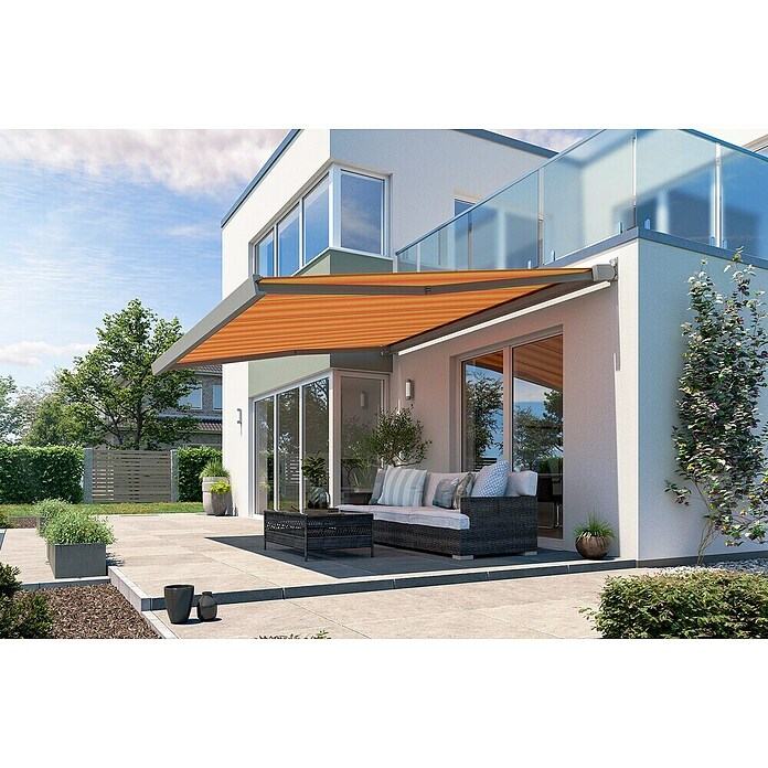 Solid Elements Vollkassettenmarkise Solid-X-Compact 320180 (Gelb/Orange, Farbe Gestell: Graualuminium, Breite: 3 m, Ausfall: 2,5 m) | BAUHAUS