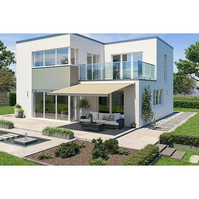 Solid Elements Vollkassettenmarkise Solid-X-Compact S-2238 - Hellbeige/Beige, Farbe Gestell: Graualuminium, Breite: 5,5 m, Ausfall: 1,5 m - Terrasse mit stilvoller Markise. Die Markise schützt vor Sonne und bietet einen angenehmen Aufenthalt im Freien mit Lounge-Möbeln.
