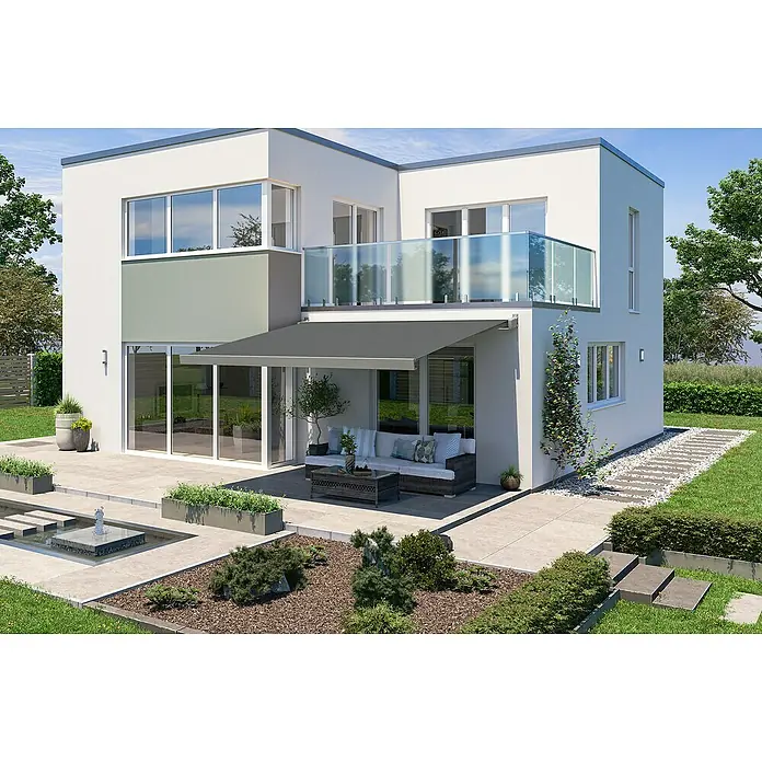 Solid Elements Vollkassettenmarkise Solid-X-Compact 320925 - Dunkelgrau strukturiert, Farbe Gestell: Graualuminium, Breite: 4 m, Ausfall: 3 m - Das Bild zeigt ein modernes Haus mit einer stilvollen grauen Terrassenüberdachung, die Schatten spendet und das moderne Design des Hauses hervorhebt.