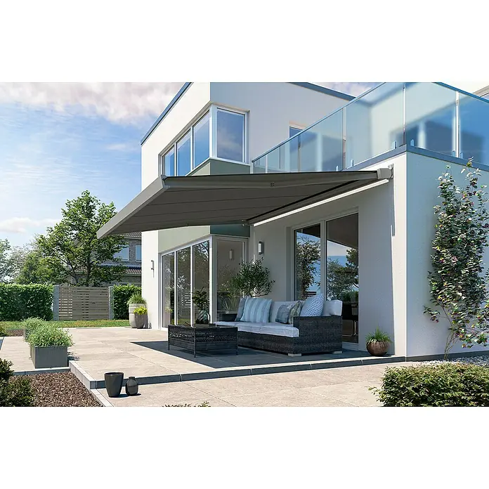 Solid Elements Vollkassettenmarkise Solid-X-Compact 320925 - Dunkelgrau strukturiert, Farbe Gestell: Graualuminium, Breite: 4 m, Ausfall: 3 m - Graue Gelenkarmmarkise spendet Schatten auf einer Terrasse mit Sitzmöbeln. Ideal für entspannte Stunden im Freien mit Schutz vor Sonne.