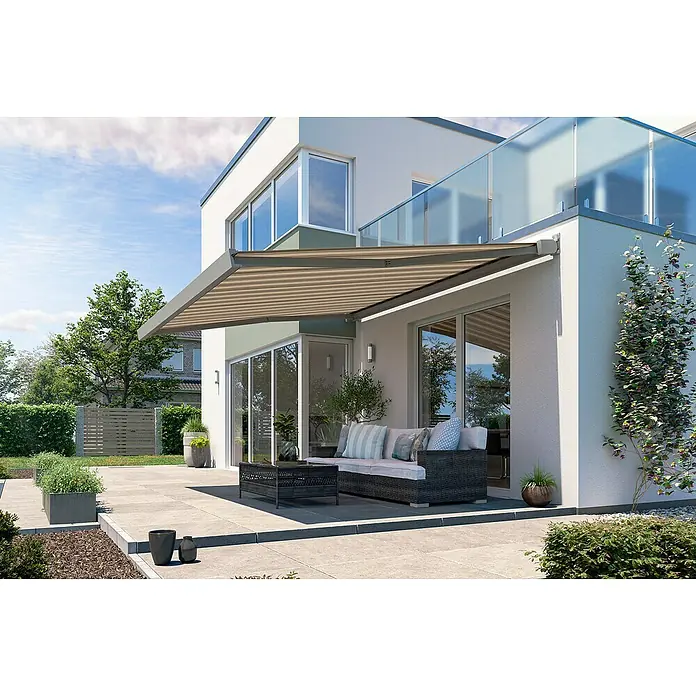 Solid Elements Vollkassettenmarkise Solid-X-Compact 320715 - Beige/Braun, Farbe Gestell: Graualuminium, Breite: 6 m, Ausfall: 2,5 m - Blick auf eine stilvolle Terrassenüberdachung mit bequemen Gartenmöbeln und einer beruhigenden Farbpalette für entspannte Stunden im Freien.