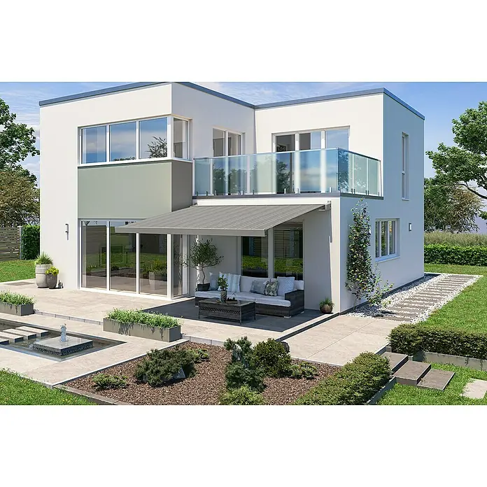 Solid Elements Vollkassettenmarkise Solid-X-Compact A131 - Grau/Weiß, Farbe Gestell: Graualuminium, Breite: 2,5 m, Ausfall: 2 m - Ein modernes Haus mit grauer Markise über der Terrasse, die zum Entspannen einlädt. Elegantes Design mit Wasserfontäne im Garten.