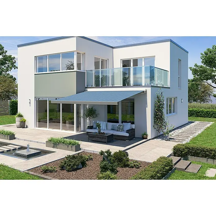 Solid Elements Vollkassettenmarkise Solid-X-Compact 320916 - Blau/Schwarz, Farbe Gestell: Graualuminium, Breite: 2,5 m, Ausfall: 2 m - Eine moderne Hausfassade mit blauer Markise, Terrasse und Gartenanlage. Die Markise bietet Schatten und Schutz vor der Sonne.