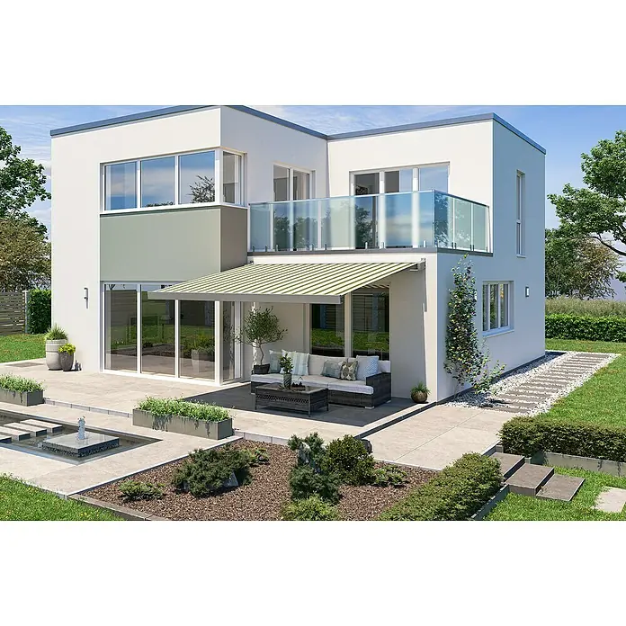 Solid Elements Vollkassettenmarkise Solid-X-Compact 320B70 - Grün/Beige, Farbe Gestell: Graualuminium, Breite: 2,5 m, Ausfall: 1,5 m - Nahaufnahme eines modernen Hauses mit einer eleganten Markise, die Schatten spendet und das Design ergänzt.