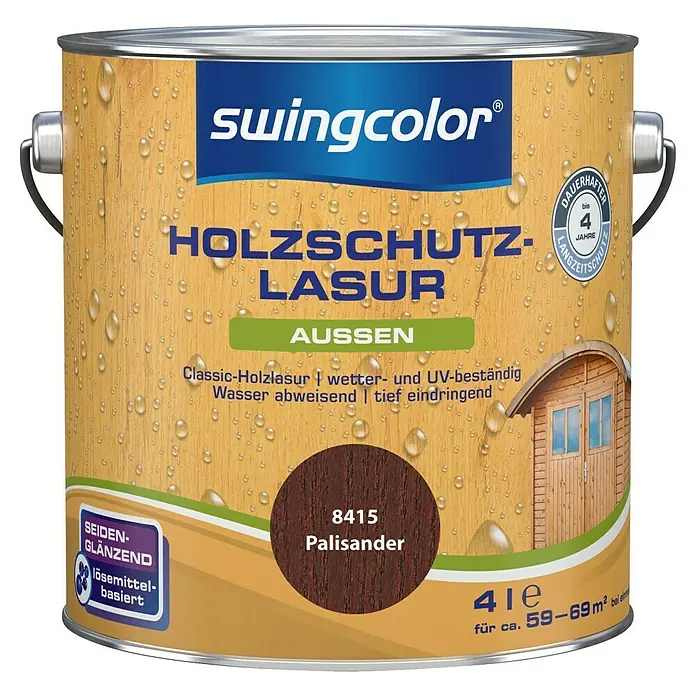 swingcolor Holzlasur - Palisander, 4 l, Seidenglänzend - Dose Holzschutzlasur von Swingcolor, Farbe Palisander, für den Außenbereich, wasserabweisend und UV-beständig.