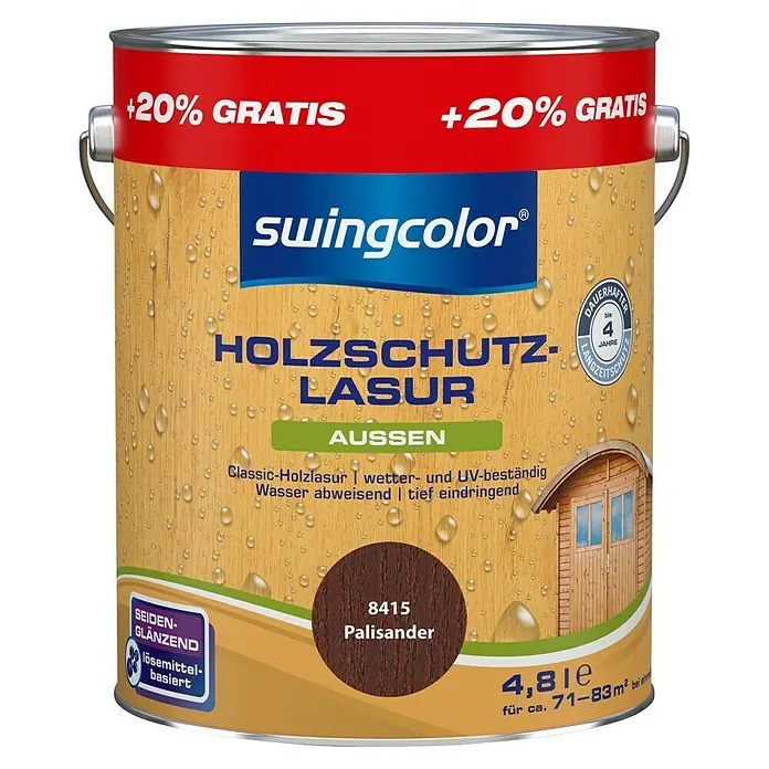 swingcolor Holzlasur - Palisander, 4,8 l, Seidenglänzend - Dose Holzschutzlasur Palisander 8415 von Swingcolor, seidenglänzend, für den Aussenbereich, schützt bis zu 4 Jahre, mit 20% gratis Inhalt.