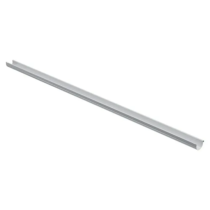 Marley Dachrinne - Nennweite: 100 mm, Länge: 300 cm, Kunststoff, Weiß - Ein graues U-förmiges Profilstück, das sich diagonal über einen schwarzen Hintergrund erstreckt, für Bau- oder Montageanwendungen.
