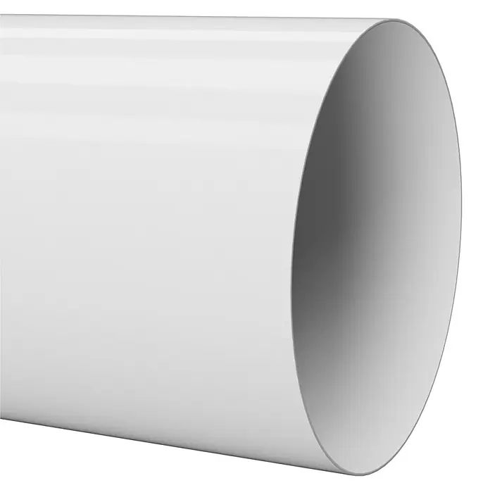 Marley Fallrohr - Nennweite: 53 mm, Länge: 200 cm, Kunststoff, Weiß - Nahaufnahme eines glänzenden weißen PVC-Rohrs auf schwarzem Hintergrund.