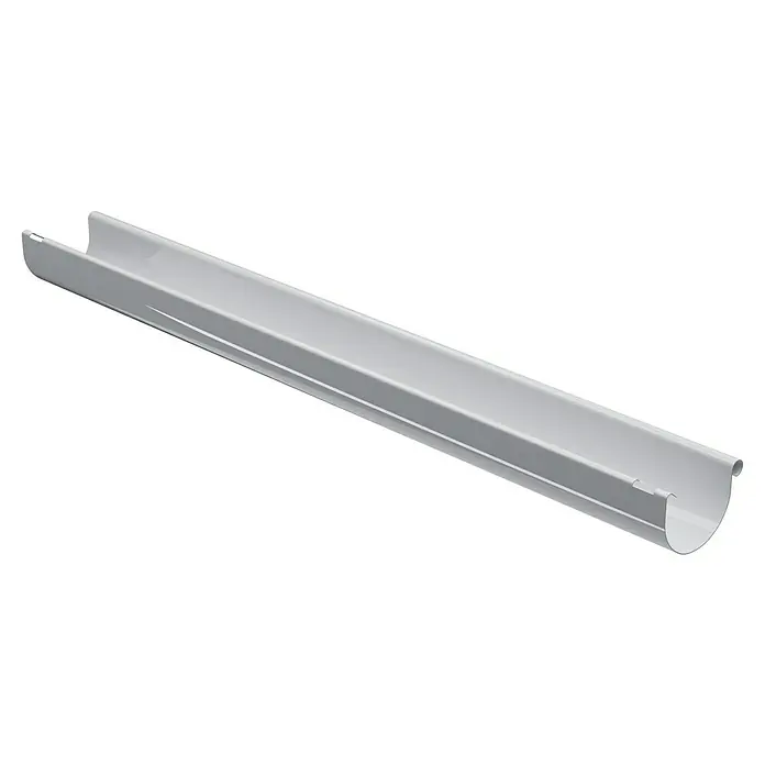 Marley Dachrinne - Nennweite: 100 mm, Länge: 100 cm, Kunststoff, Weiß - Detailaufnahme einer Dachrinne aus Metall, die für die Entwässerung von Gebäuden verwendet wird, um Regenwasser abzuleiten und Gebäudeschäden vorzubeugen.
