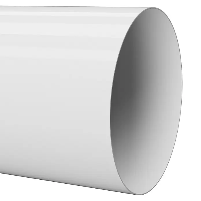 Marley Fallrohr - Nennweite: 75 mm, Länge: 300 cm, Kunststoff, Weiß - Nahaufnahme eines weißen, glänzenden Kunststoffrohrs, das auf einem schwarzen Hintergrund liegt und dessen Innenseite sichtbar ist.