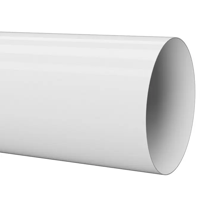 Marley Fallrohr - Nennweite: 53 mm, Länge: 250 cm, Kunststoff, Weiß - Nahaufnahme eines glänzenden, weißen Kunststoffrohrs auf schwarzem Hintergrund, das die saubere und moderne Ästhetik des Produkts hervorhebt.