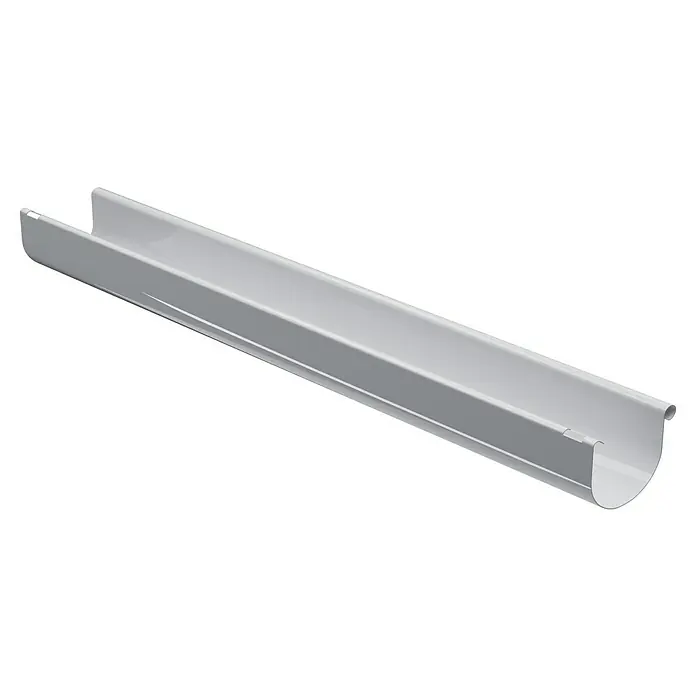 Marley Dachrinne - Nennweite: 125 mm, Länge: 100 cm, Kunststoff, Weiß - Diese Nahaufnahme zeigt eine weiße Dachrinne, die ein wichtiges Element zum Ableiten von Regenwasser von Gebäuden ist. Sie ist aus haltbarem Kunststoff gefertigt.