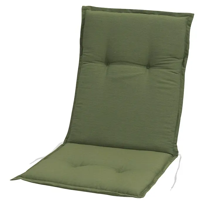 Sunfun Exclusive-Line Sitzauflage - Niederlehner, L x B x H: 109 x 50 x 8 cm, Polyester, Islandgrün - Hier ist ein olivgrünes Stuhlkissen mit Knöpfen und weißen Bändern, das Komfort und Stil für Sitzgelegenheiten im Freien bietet.