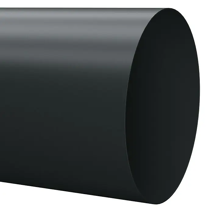 Marley Fallrohr - Nennweite: 105 mm, Länge: 250 cm, Kunststoff, Anthrazit - Nahaufnahme eines schwarzen, zylindrischen Produkts. Das Produkt hat eine glatte, matte Oberfläche und ist auf einem schwarzen Hintergrund isoliert.