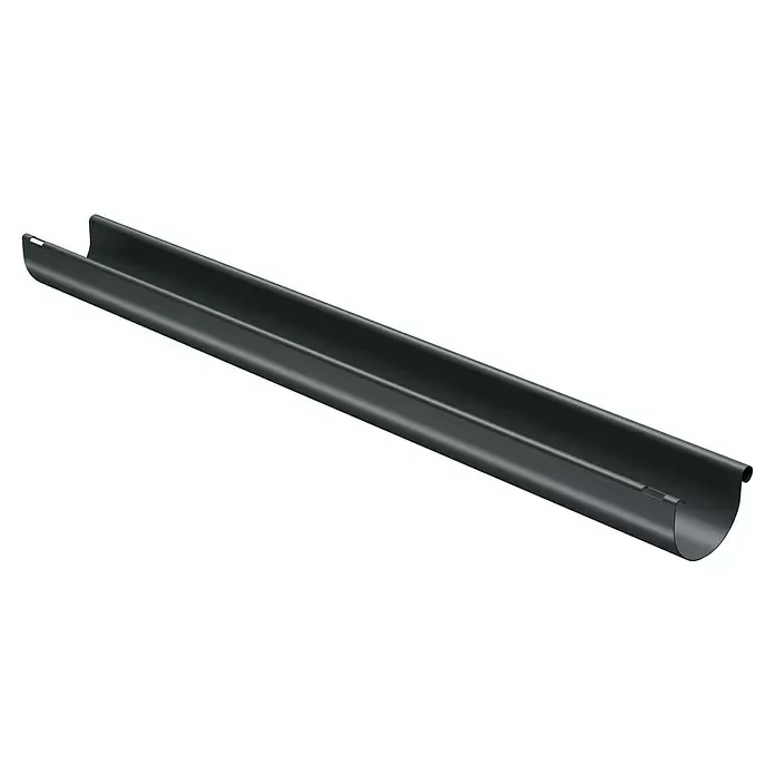 Marley Dachrinne - Nennweite: 100 mm, Länge: 100 cm, Kunststoff, Anthrazit - Dunkelgraue, halbrunde Regenrinne, schräg dargestellt, zur Dachentwässerung.