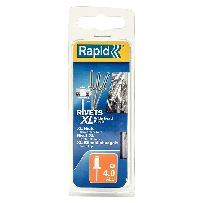 Rapid Remache XL - Longitud de remache: 10 mm, Diámetro de remache: 4 mm, 50 ud. - Imagen de un paquete de remaches de cabeza ancha Rapid XL, diámetro 4,0 mm, fabricados en aluminio.