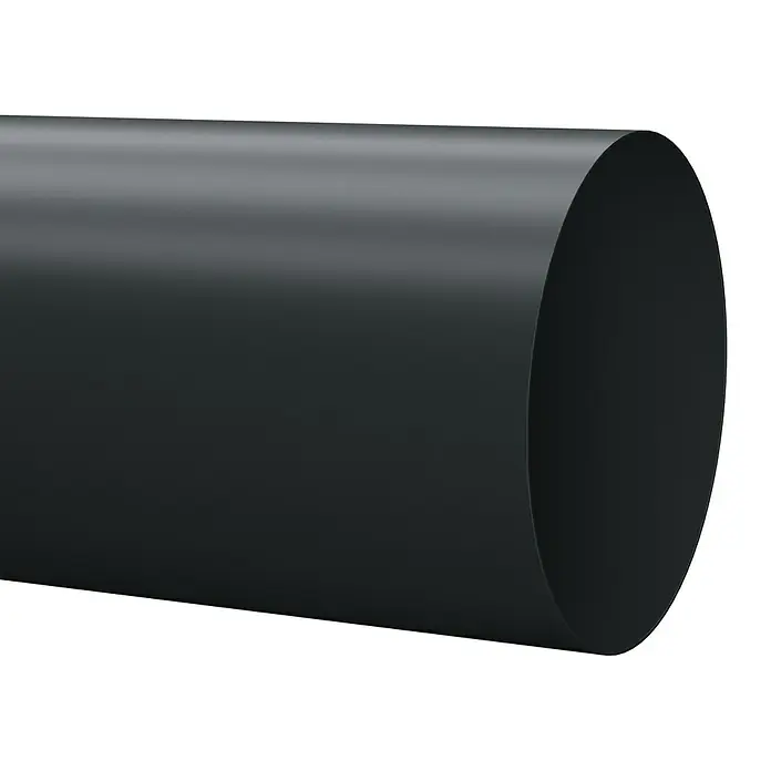 Marley Fallrohr - Nennweite: 75 mm, Länge: 250 cm, Kunststoff, Anthrazit - Nahaufnahme eines schwarzen Kunststoffrohrs, das die zylindrische Form und glatte Oberfläche des Produkts hervorhebt.