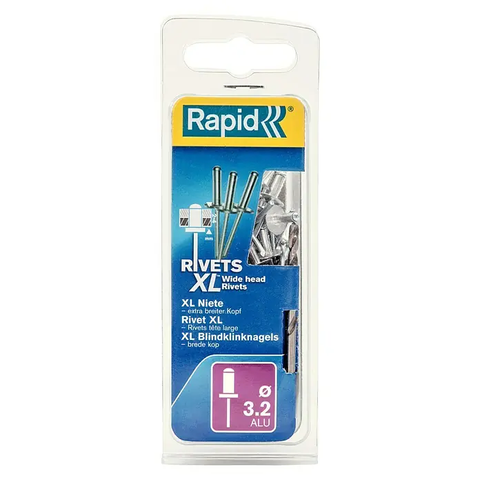 Rapid Remache XL - Longitud de remache: 8 mm, Diámetro de remache: 3,2 mm, 50 ud. - Remaches de cabeza ancha Rapid XL en un envase transparente con información del tamaño.