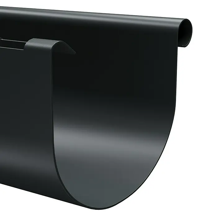 Marley Dachrinne - Nennweite: 125 mm, Länge: 300 cm, Kunststoff, Anthrazit - Nahaufnahme einer schwarzen Dachrinne, die die Form und das Material des Produkts hervorhebt.