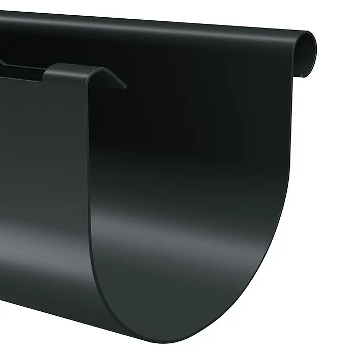 Marley Dachrinne - Nennweite: 125 mm, Länge: 200 cm, Kunststoff, Anthrazit - Nahaufnahme einer schwarzen Dachrinne, die die Details ihrer Konstruktion und Form hervorhebt.