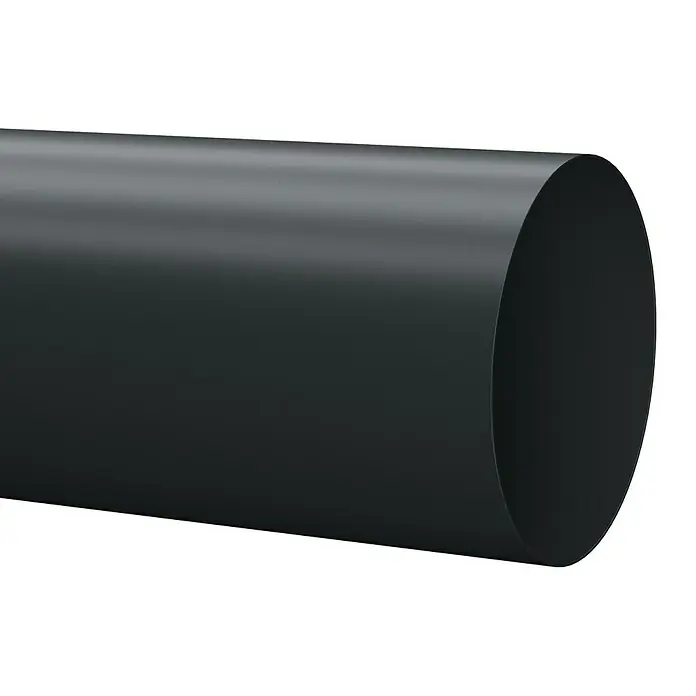 Marley Fallrohr - Nennweite: 53 mm, Länge: 300 cm, Kunststoff, Anthrazit - Nahaufnahme eines glatten, grauen Kunststoffrohrs mit einer kreisförmigen Öffnung und einem schwarzen Hintergrund. Ideal für industrielle Anwendungen.