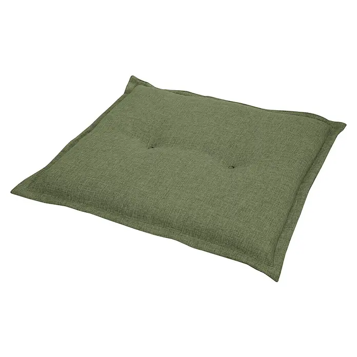 Sunfun Exclusive-Line Gartenmöbel-Auflage Extra - Kissen, Islandgrün, L x B x H: 45 x 50 x 6 cm, Polyester - Ein quadratisches, olivgrünes Bodenkissen mit zwei Knöpfen auf einem schwarzen Hintergrund. Ideal zum Entspannen auf dem Boden.