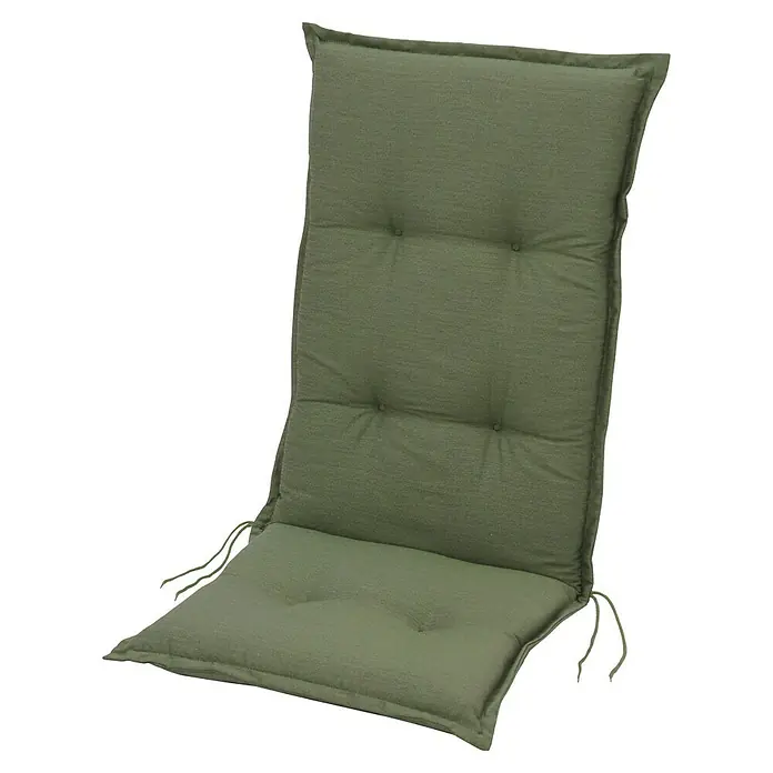 Sunfun Exclusive-Line Sitzauflage - Hochlehner, L x B x H: 120 x 50 x 6 cm, Polyester, Islandgrün - Gepolsterte, olivgrüne Hochlehner-Auflage mit Knöpfen und Bindebändern für bequemes Sitzen im Garten oder auf der Terrasse.