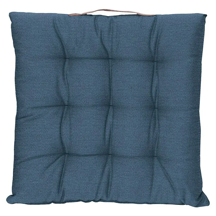 Sunfun Sitzkissen Joris - Dunkelblau, L x B x H: 40 x 40 x 6 cm, 100% Polyester - Nahaufnahme eines quadratischen, gesteppten Sitzkissens in Blautönen mit Trageschlaufe.