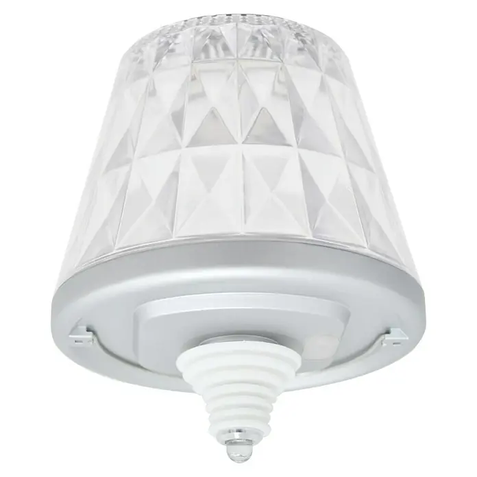 REV LED-Flaschenleuchte Lamprusco Cristal - 2 W, Weiß, Warmweiß - Nahaufnahme einer modernen, tragbaren LED-Tischlampe mit facettiertem Lampenschirm und spiralförmigem Sockel.