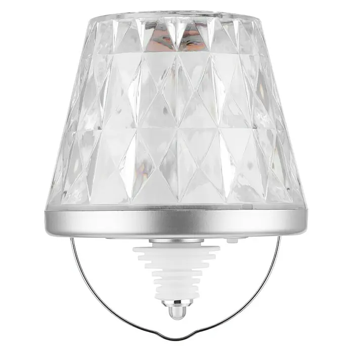 REV LED-Flaschenleuchte Lamprusco Cristal - 2 W, Weiß, Warmweiß - Nahaufnahme einer stilvollen Tischleuchte mit facettiertem Schirm und silbernem Fuß.