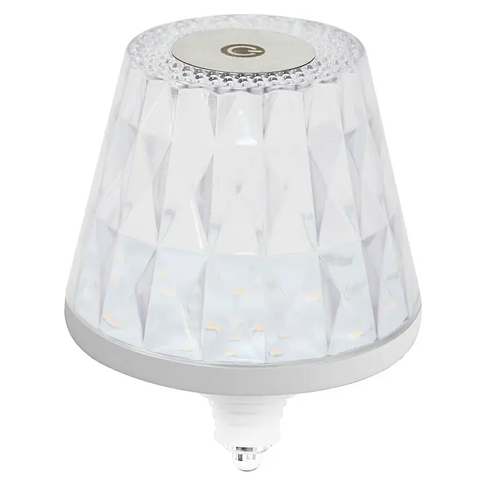 REV LED-Flaschenleuchte Lamprusco Cristal - 2 W, Weiß, Warmweiß - Eine Nahaufnahme einer Kristalltischleuchte, die ein sanftes Licht ausstrahlt und ein elegantes Design aufweist.