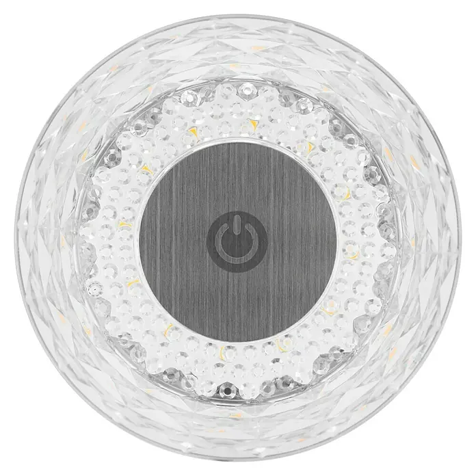 REV LED-Flaschenleuchte Lamprusco Cristal - 2 W, Weiß, Warmweiß - Nahaufnahme einer dekorativen, runden Kristalllampe mit einem silbernen Einschaltknopf in der Mitte.