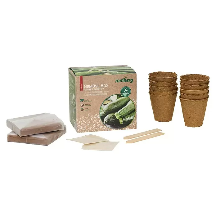Romberg Anzucht-Set - Anzuchtset Gemüse - Eine Romberg Gemüsebox mit Gurken- und Zucchinisaat, torffreien Kokosfasertöpfen, Erdeziegeln, Saattütchen und Holzsteckern.