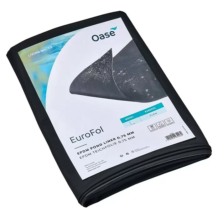 Oase Teichfolie EuroFol - Stärke: 0,75 mm, B x L: 3 x 2 m, EPDM - Gerollte schwarze EPDM-Teichfolie mit Oase EuroFol-Branding, 0,75 mm dick und 3x2 m groß auf dem Etikett.