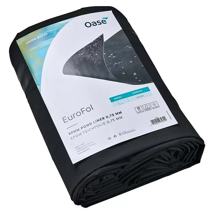Oase Teichfolie EuroFol - Stärke: 0,75 mm, B x L: 6 x 5 m, EPDM - Eine schwarze, gerollte Oase EuroFol EPDM Teichfolie, 0,75 mm dick und 6x5 m groß, mit Etikett.