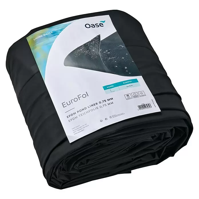 Oase Teichfolie EuroFol - Stärke: 0,75 mm, B x L: 6 x 8 m, EPDM - Gerollte schwarze Oase EuroFol EPDM Teichfolie (0,75 mm, 6x8 m) mit Etikett, ideal für die Teichgestaltung.