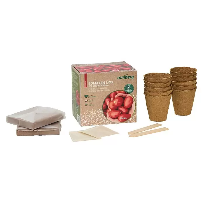 Romberg Anzucht-Set - Anzuchtset Tomate - Romberg Tomaten Anzuchtset mit Saatgutbox, Kokosfaserblöcken, Torftöpfen, Samentütchen und Holzmarkierungen.