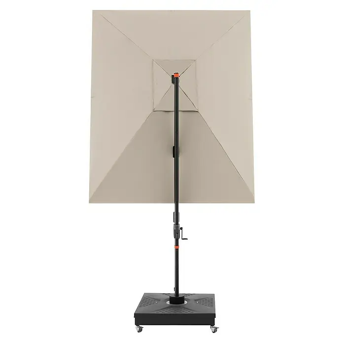 Doppler Ampelschirm myZone AX - Natur, Bespannungsmaß (L x B): 280 x 280 cm - Ein quadratischer Terrassenschirm in neutralem Farbton steht auf einem robusten Sockel mit Rollen. Ideal für den Garten.