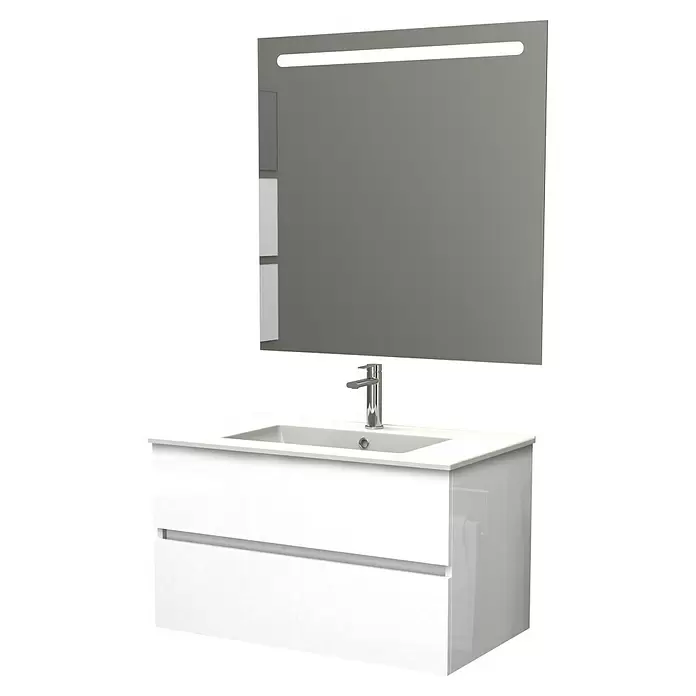 Conjunto de mueble de baño Italo - Ancho total del mueble de baño: 80 cm, Blanco, Brillante - Mueble de baño blanco con lavabo integrado y grifo cromado, bajo un espejo gris con tira de luz LED integrada.