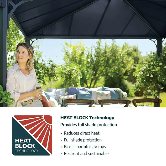 Palram – Canopia Pérgola estándar Tucson - An x Pr: 360 x 500 cm, Color del armazón: Antracita, Aluminio - Una mujer se relaja en un mirador con tecnología Heat Block que proporciona protección total contra la sombra y es resistente.