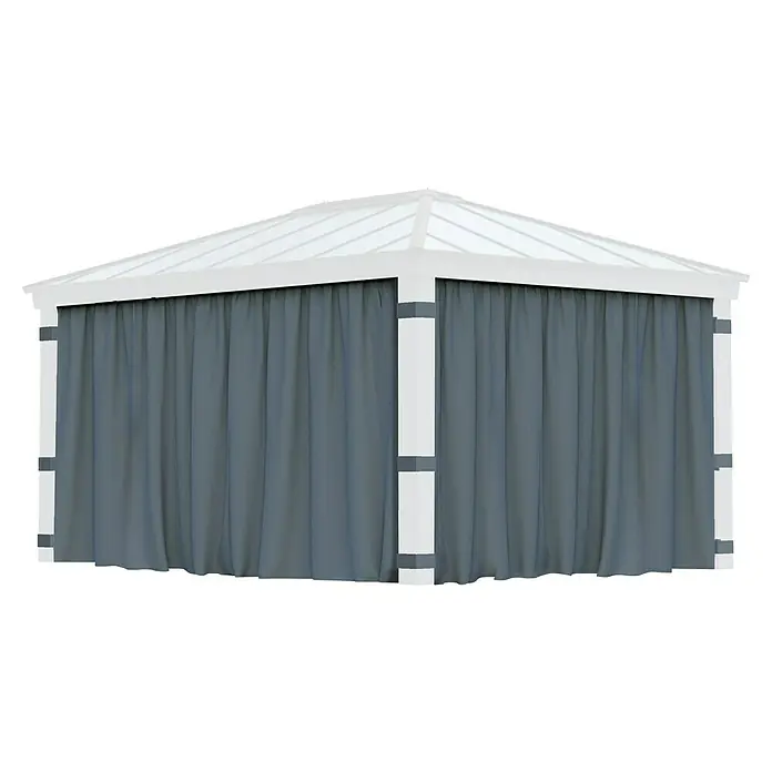 Palram – Canopia Pared lateral de pérgola Dallas - An x Al: 500 x 212 cm, Específico para: Cenador Dallas, Gris - Primer plano de una glorieta con cortinas grises y marco blanco, que ofrece un espacio exterior elegante y sombreado.